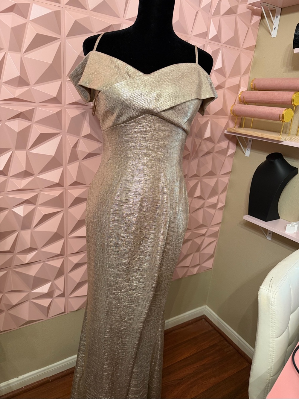 Night Way Collections One-Shoulder Metallic Gold Evening Gown